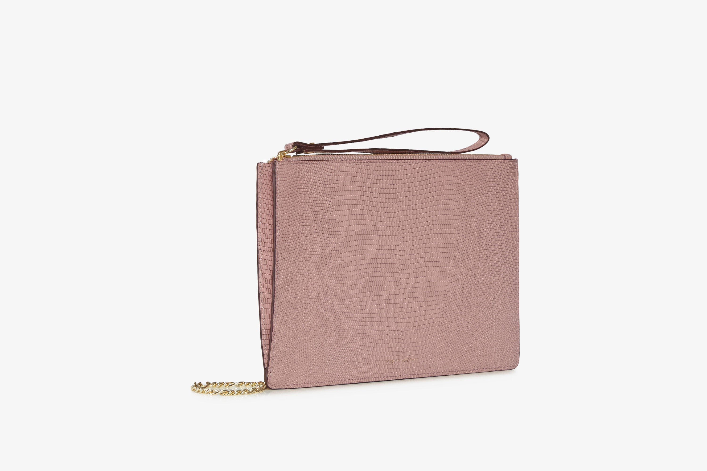 Strathberry, Astuccio con catena - Pelle goffrata lucertola Blush Rose