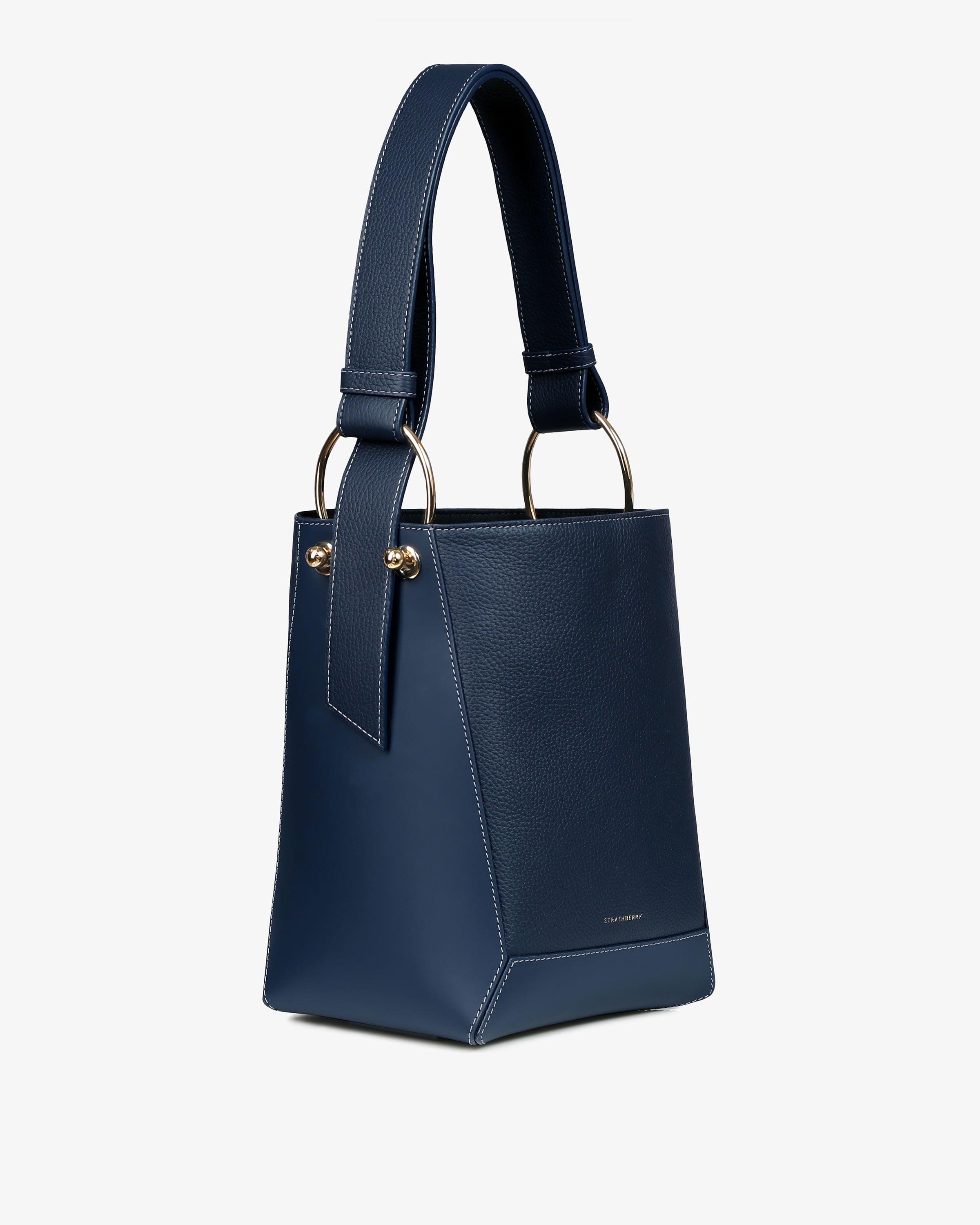 Strathberry, Borsa Lana Midi Bucket - Navy con cuciture grigie