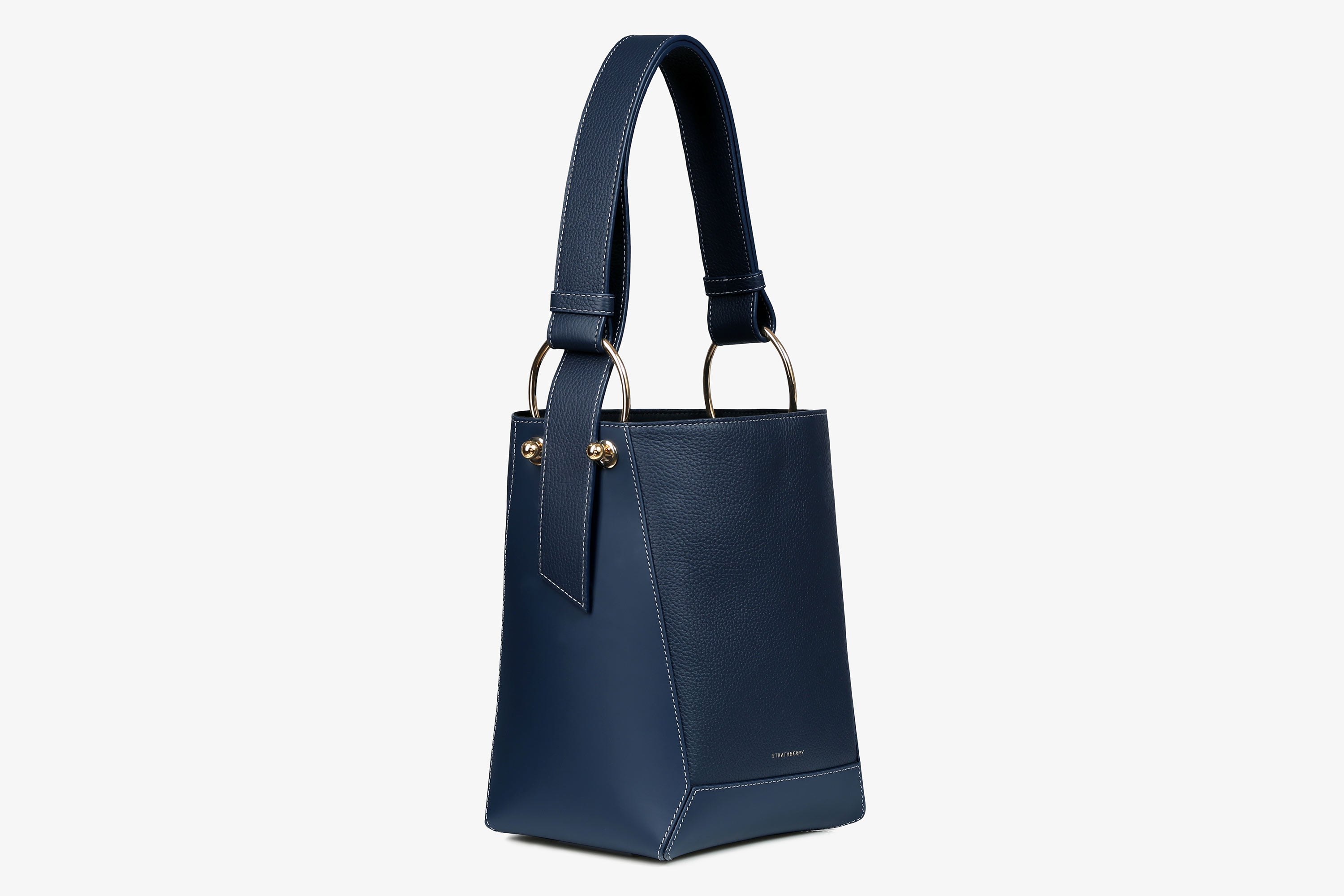 Strathberry, Borsa Lana Midi Bucket - Navy con cuciture grigie